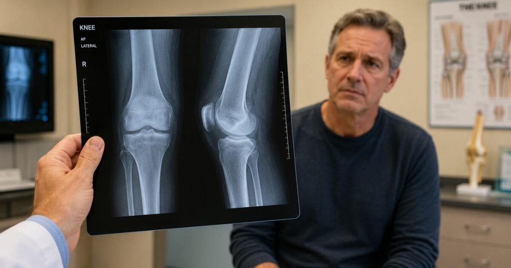 Doctor showing bone-on-bone knee X-ray to patient