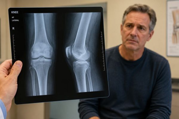 Doctor showing bone-on-bone knee X-ray to patient