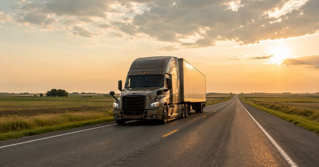 Semi truck driving on open two-lane highway through Minnesota farmland at sunset
