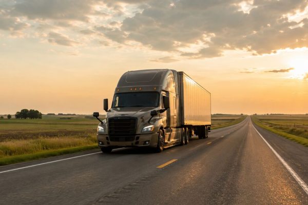 Semi truck driving on open two-lane highway through Minnesota farmland at sunset